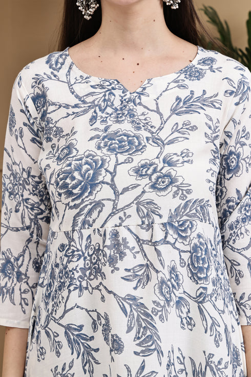 Off White & Blue Cotton Floral Printed Kurta & Pant With Dupatta
