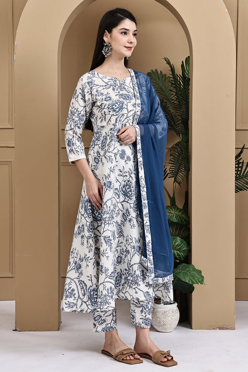 Off White & Blue Cotton Floral Printed Kurta & Pant With Dupatta