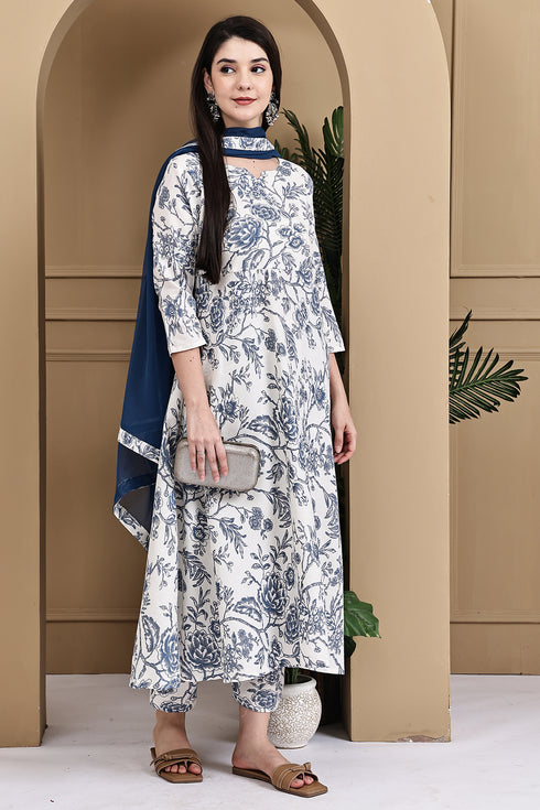 Off White & Blue Cotton Floral Printed Kurta & Pant With Dupatta