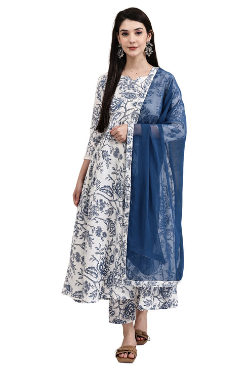 Off White & Blue Cotton Floral Printed Kurta & Pant With Dupatta
