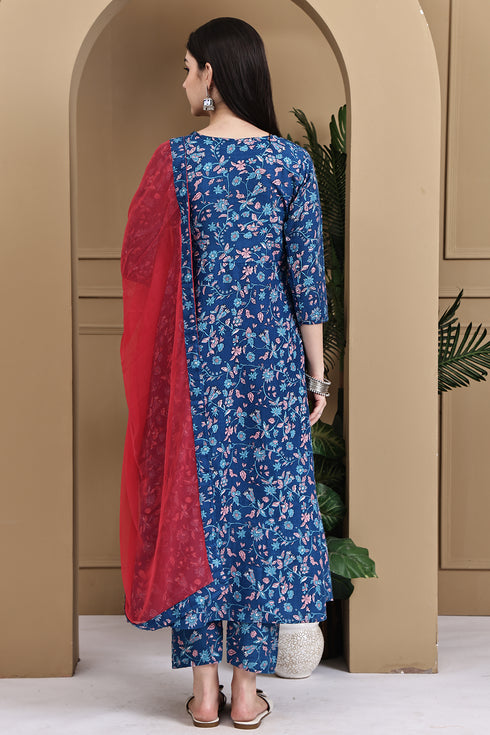 Blue Cotton Floral Printed Kurta & Pant With Dupatta