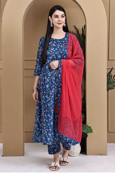 Blue Cotton Floral Printed Kurta & Pant With Dupatta