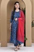 Blue Cotton Floral Printed Kurta & Pant With Dupatta