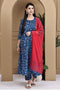 Blue Cotton Floral Printed Kurta & Pant With Dupatta