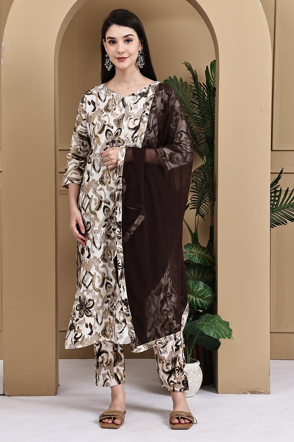 Off White & Brown Cotton Floral Printed Kurta & Pant With Dupatta