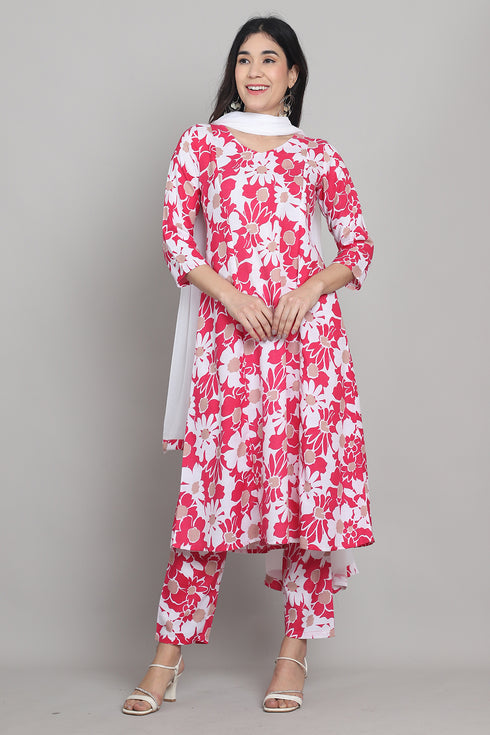 Women Pink & White Cotton Blend Floral Printed Kurta & Pant With Dupatta