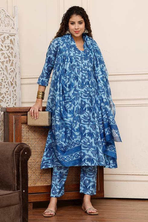Women Cotton Blend Floral Printed Kurta & Pant With Dupatta
