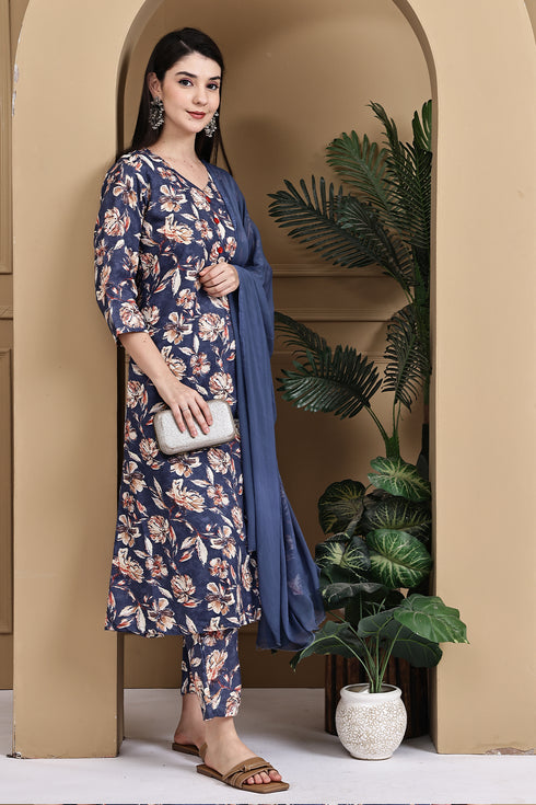 Blue Blossom Floral Printed Kurta & Pant with Dupatta