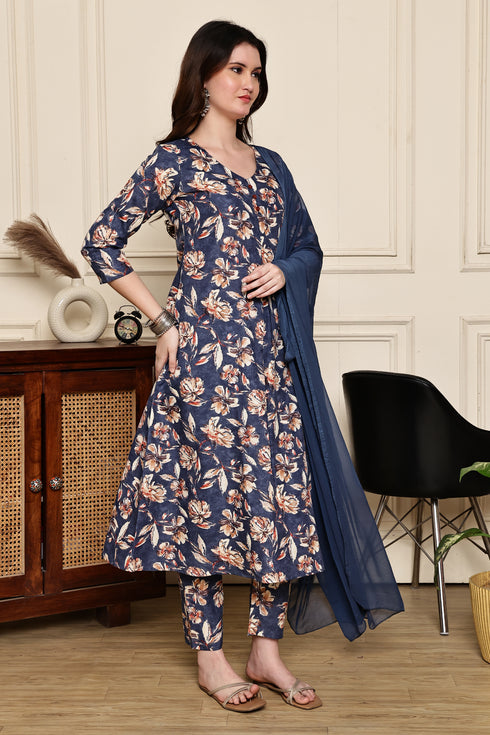Blue Blossom Floral Printed Kurta & Pant with Dupatta