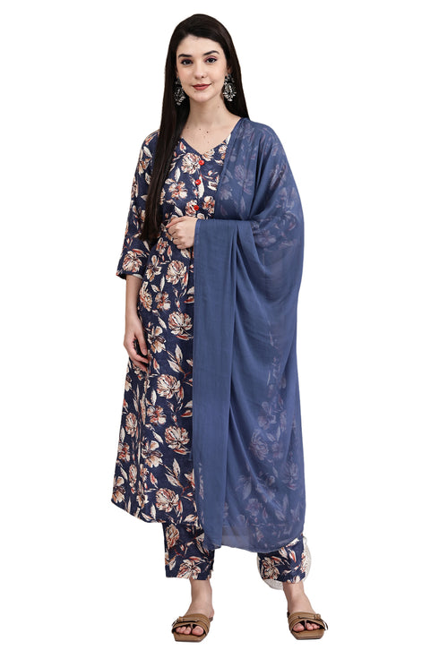 Blue Blossom Floral Printed Kurta & Pant with Dupatta