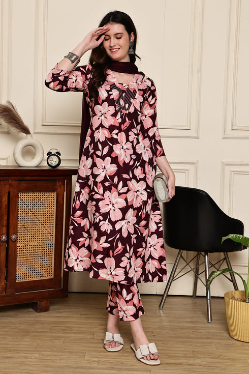 Maroon Mystique Floral Printed Kurta & Pant with Dupatta