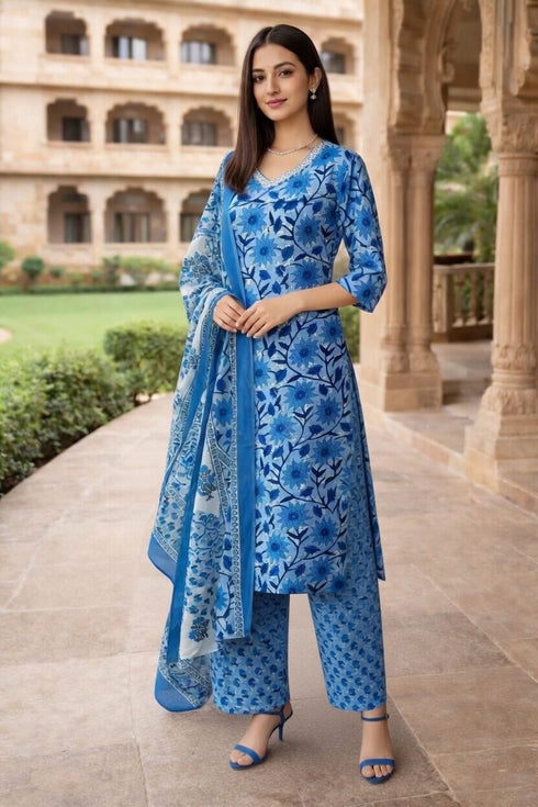 Blue Cotton Jaipuri Printed Kurta & Pant With Dupatta