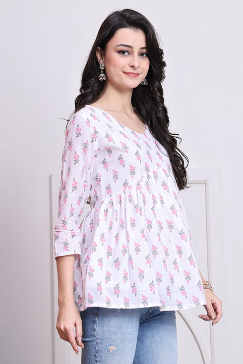 White Women's Cotton Floral Printed Short Top
