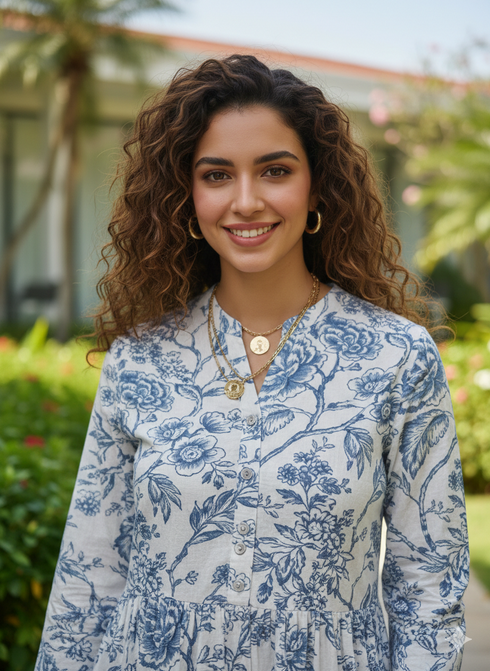 Serene Petal Pure Cotton Jaipuri Printed Western Dress