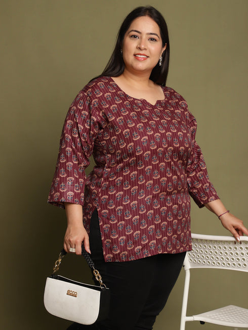 Wine Cotton Foil Printed Plus Size Tunic