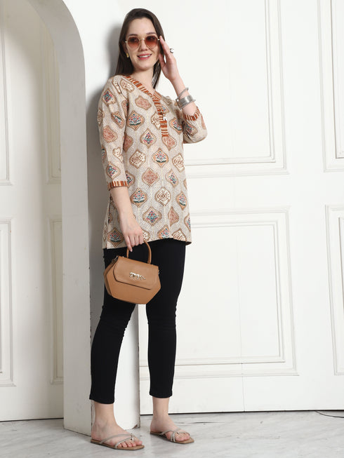 Beige Cotton Foil Printed Tunic