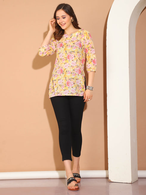 Light Yellow & Light Pink Pure Cotton Floral Printed Tunic