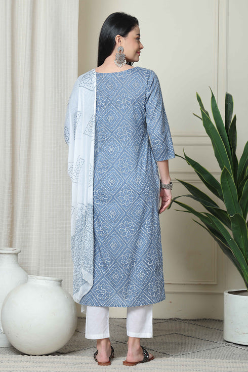 Grey And White Pure Cambric Cotton Printed Kurta Set With Dupatta