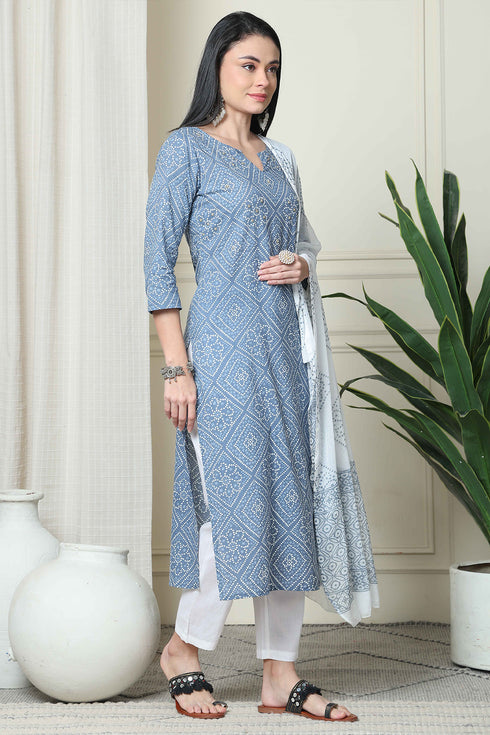 Grey And White Pure Cambric Cotton Printed Kurta Set With Dupatta