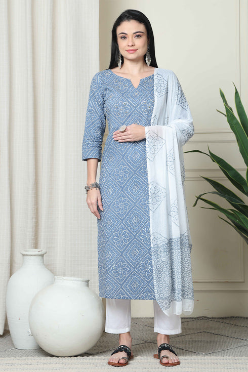 Grey And White Pure Cambric Cotton Printed Kurta Set With Dupatta