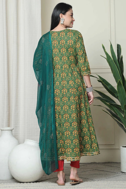Green & Red Pure Cambric Cotton Embroidered Kurta Set With Dupatta