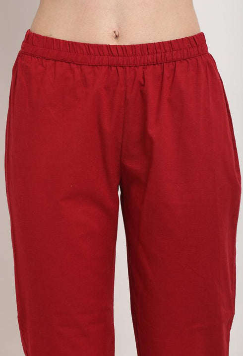 Green & Red Pure Cambric Cotton Embroidered Kurta Set With Dupatta