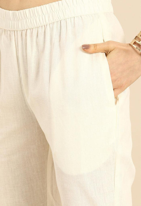 Off-White Pure Cambric Cotton Floral Embroidered Kurta Set With Dupatta