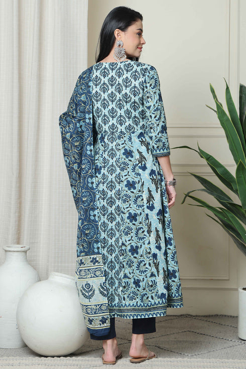 Blue Pure Cambric Cotton Printed Kurta Set With Dupatta