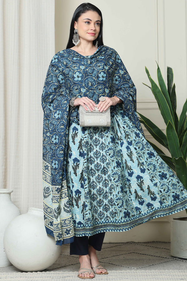 Blue Pure Cambric Cotton Printed Kurta Set With Dupatta