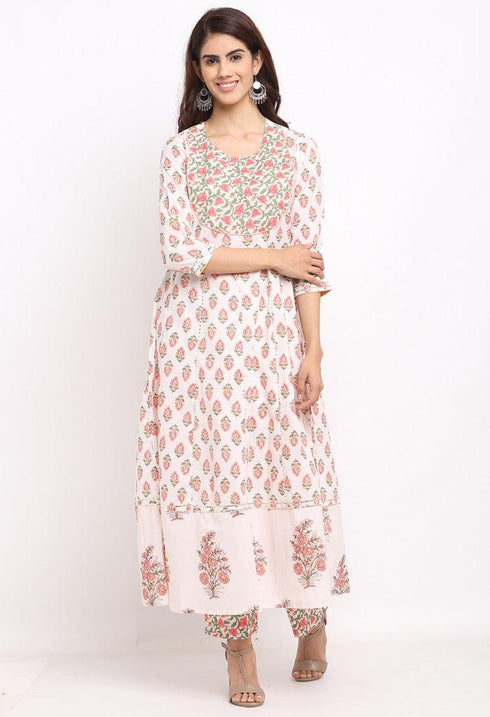 White And Pink Pure Cambric Cotton Floral Printed Kurta Set With Dupatta