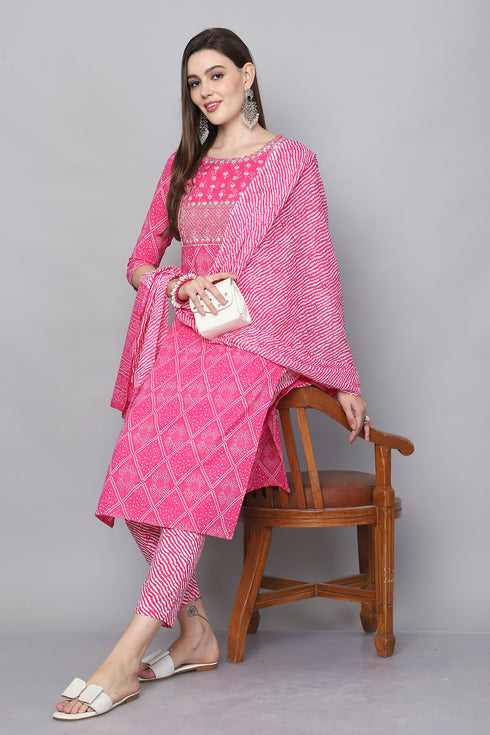 Pink And White Pure Cambric Cotton Embroidered Kurta Set With Dupatta
