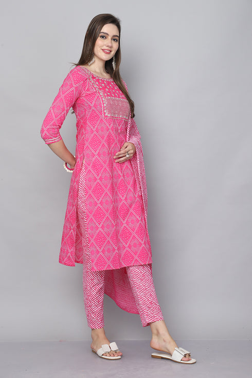 Pink And White Pure Cambric Cotton Embroidered Kurta Set With Dupatta