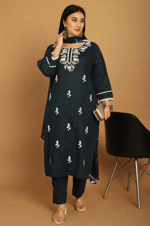 Navy Blue Pure Cambric Cotton Embroidered Plus Size Kurta & Pant With Dupatta