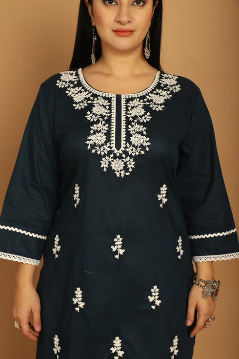 Navy Blue Pure Cambric Cotton Embroidered Plus Size Kurta & Pant With Dupatta