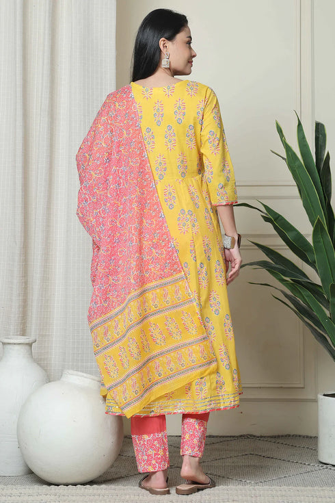 Yellow And Pink Pure Cambric Cotton Floral Embroidered Kurta Set With Dupatta