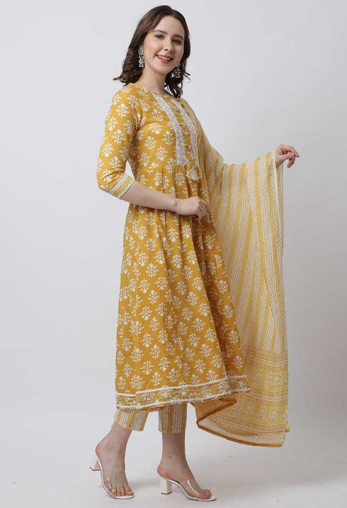 Pure Cambric Cotton Jaipuri Printed & Embroidered Kurta Set With Dupatta