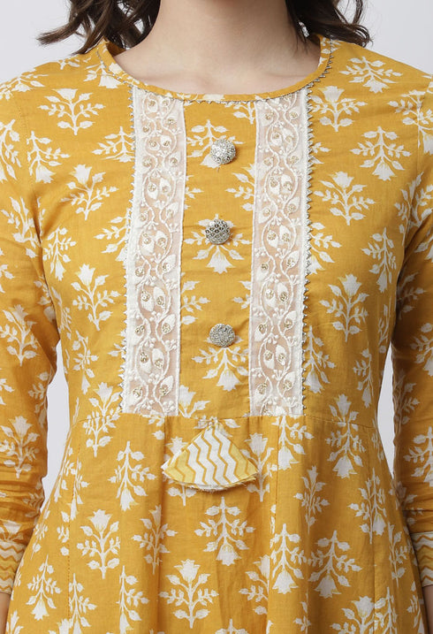 Pure Cambric Cotton Jaipuri Printed & Embroidered Kurta Set With Dupatta