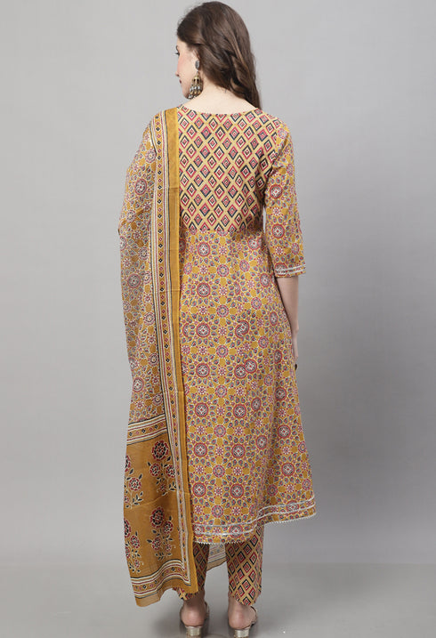 Pure Cotton Jaipuri Printed & Hand Work Kurta Set With Dupatta