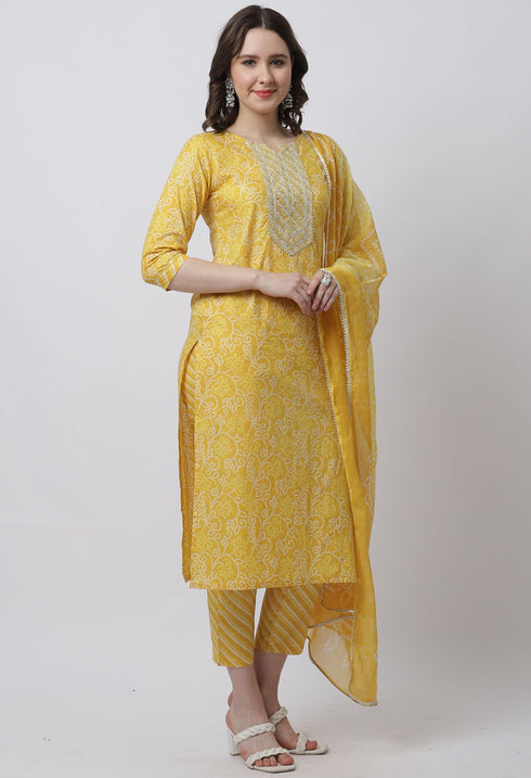 Pure Cambric Cotton Jaipuri Printed & Embroidered Kurta Set With Dupatta