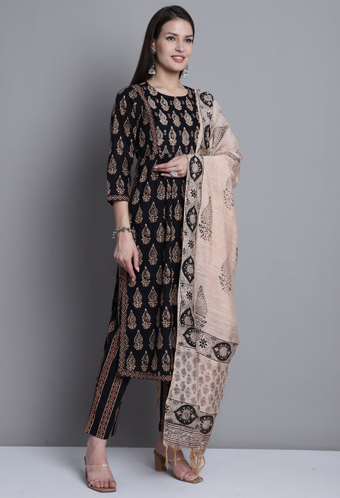 Black & Beige Pure Cotton Jaipuri Printed And Embroidered Kurta Set With Dupatta