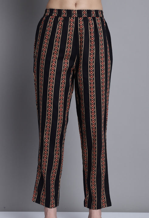 Black & Beige Pure Cotton Jaipuri Printed And Embroidered Kurta Set With Dupatta