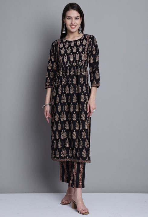 Black & Beige Pure Cotton Jaipuri Printed And Embroidered Kurta Set With Dupatta
