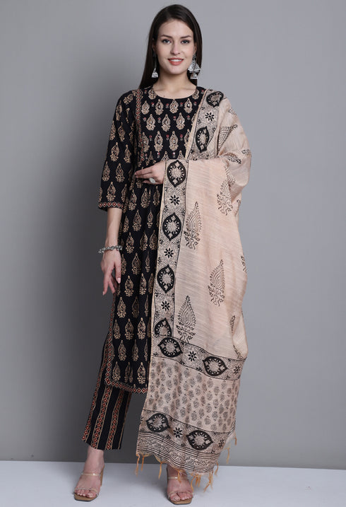 Black & Beige Pure Cotton Jaipuri Printed And Embroidered Kurta Set With Dupatta