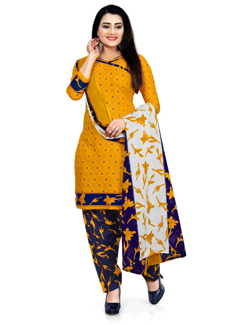 Yellow Cotton Blend Printed Unstitched Salwar Suit Material