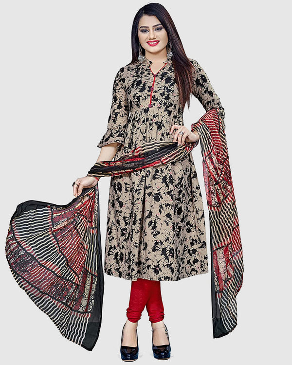 Beige & Black Cotton Blend Printed Unstitched Salwar Suit Material