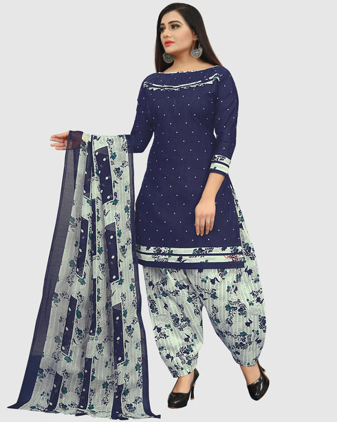 Navy Blue Cotton Blend Printed Unstitched Salwar Suit Material