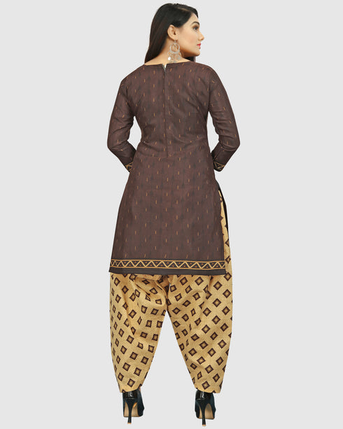 Brown Cotton Blend Printed Unstitched Salwar Suit Material