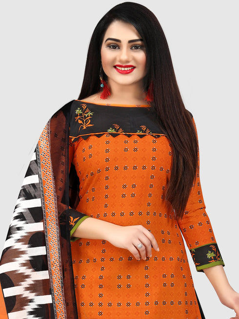 Orange Cotton Blend Printed Unstitched Salwar Suit Material