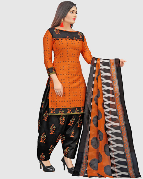 Orange Cotton Blend Printed Unstitched Salwar Suit Material