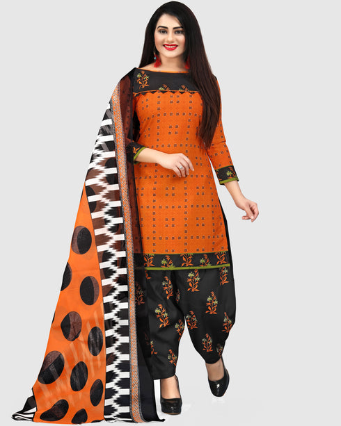 Orange Cotton Blend Printed Unstitched Salwar Suit Material